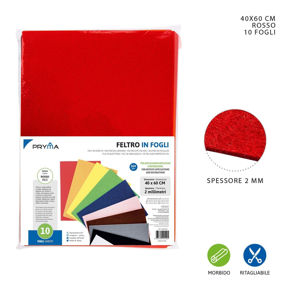 Hoja de fieltro roja 40x60CM 2MM 264G - Material de manualidades