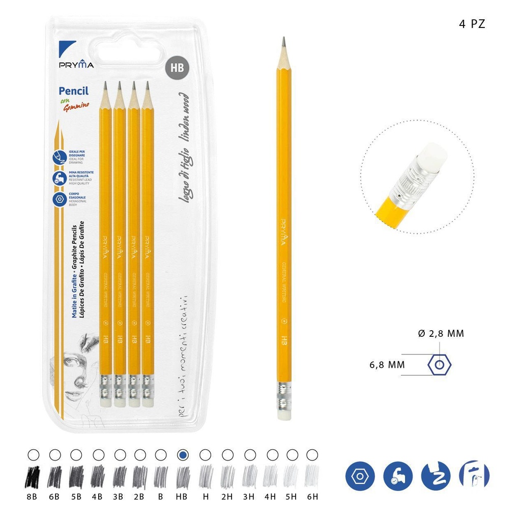 Lápiz de grafito HB con goma de borrar 4pcs para escritura y dibujo