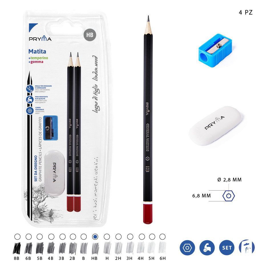 Lápiz HB 2PZ + Sacapuntas + Goma de borrar - Utensilios de escritura