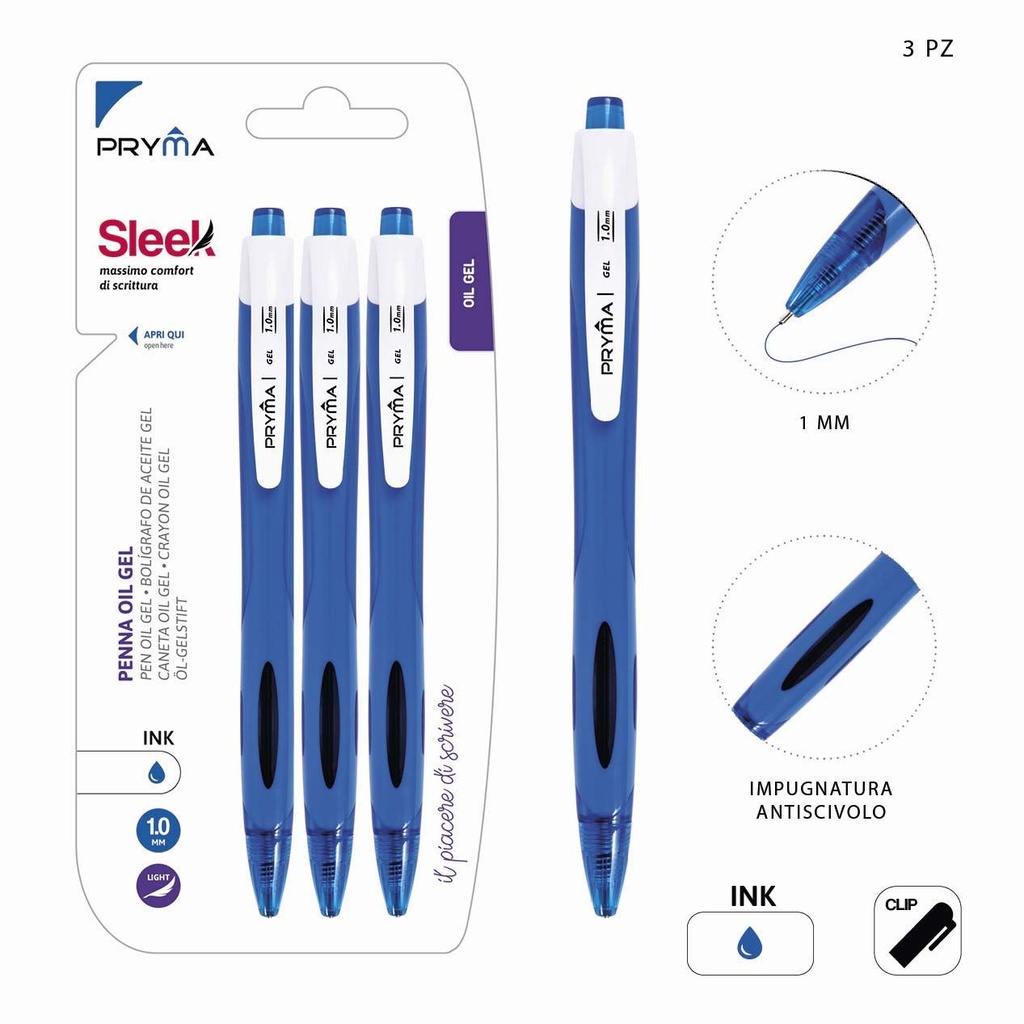 Bolígrafo de clic de gel 1mm 3pz azul