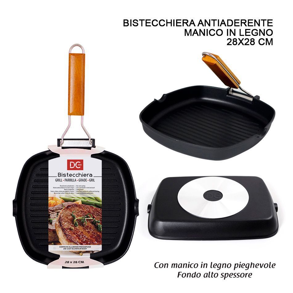 Sartén parrilla antiadherente con mango de madera 28x28cm para cocinar