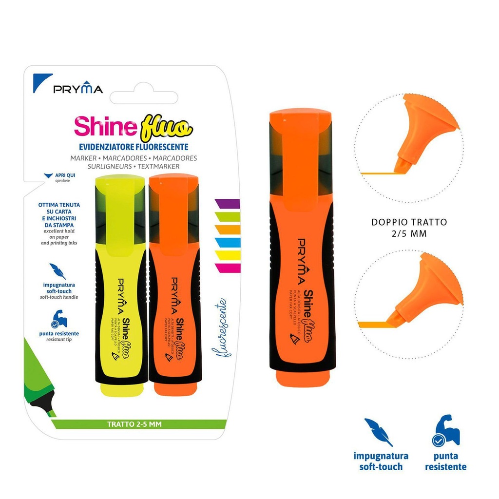 Subrayador Shine cabeza plana 2-5mm color fluo 2pz