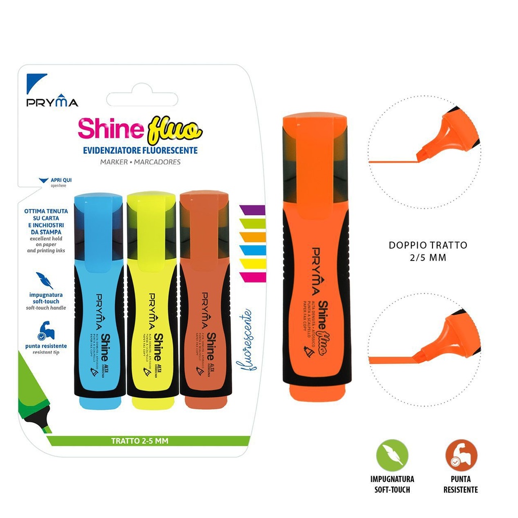 Subrayador Shine cabeza plana 2/5mm set 3 para oficina y escuela