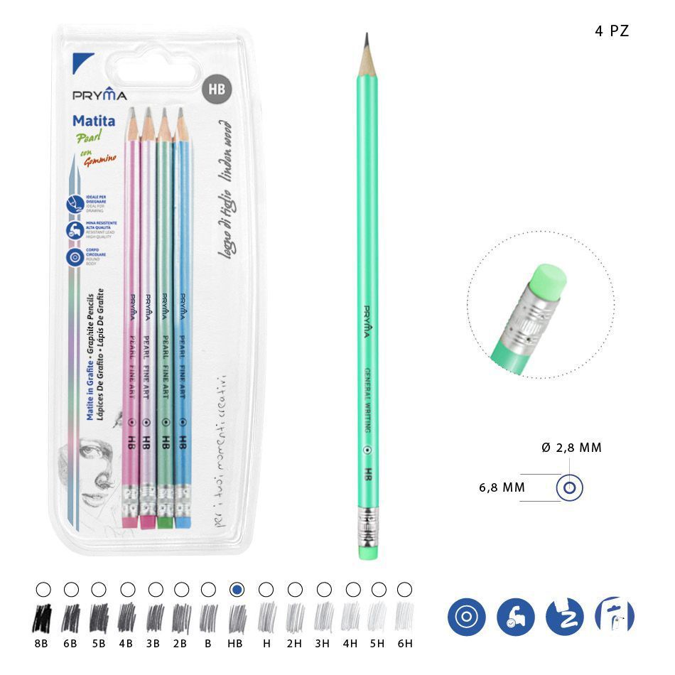 Lápiz de grafito HB con goma de borrar 4PZ perla - Utensilios de escritura