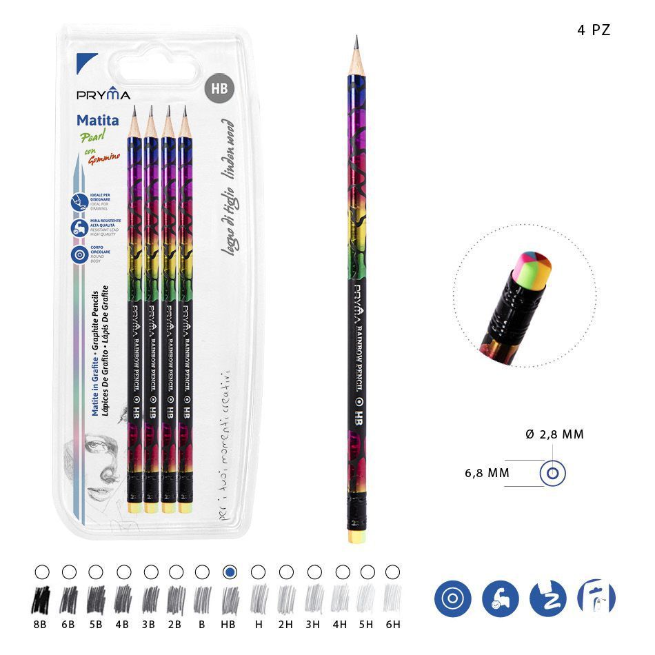 Lápiz de grafito HB con goma de borrar 4PZ arcoíris - Utensilios de escritura