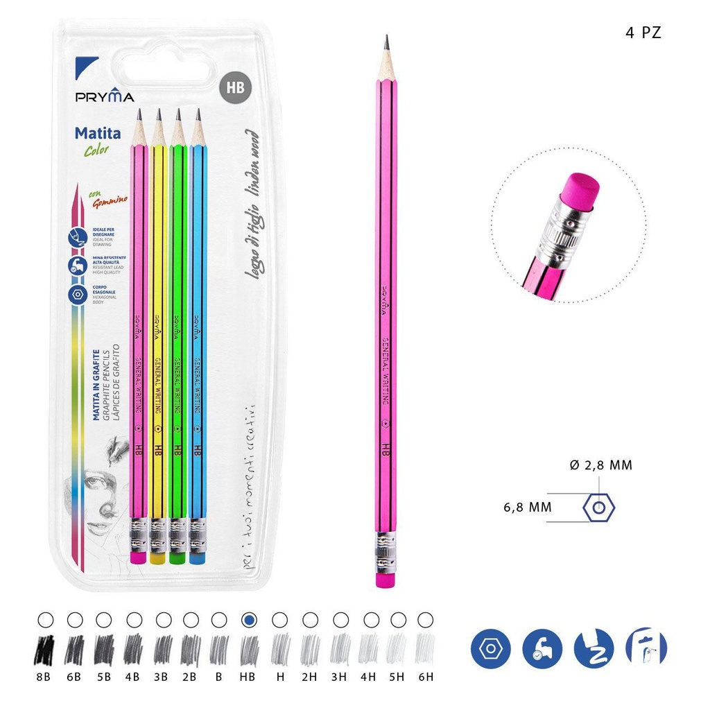 Lápiz HB con goma de borrar 4PZ - Utensilios de escritura