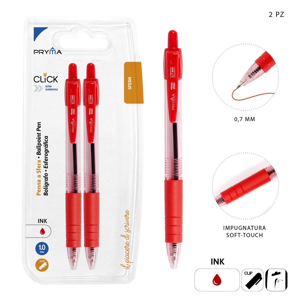 Bolígrafo de clic 1mm 2pz rojo