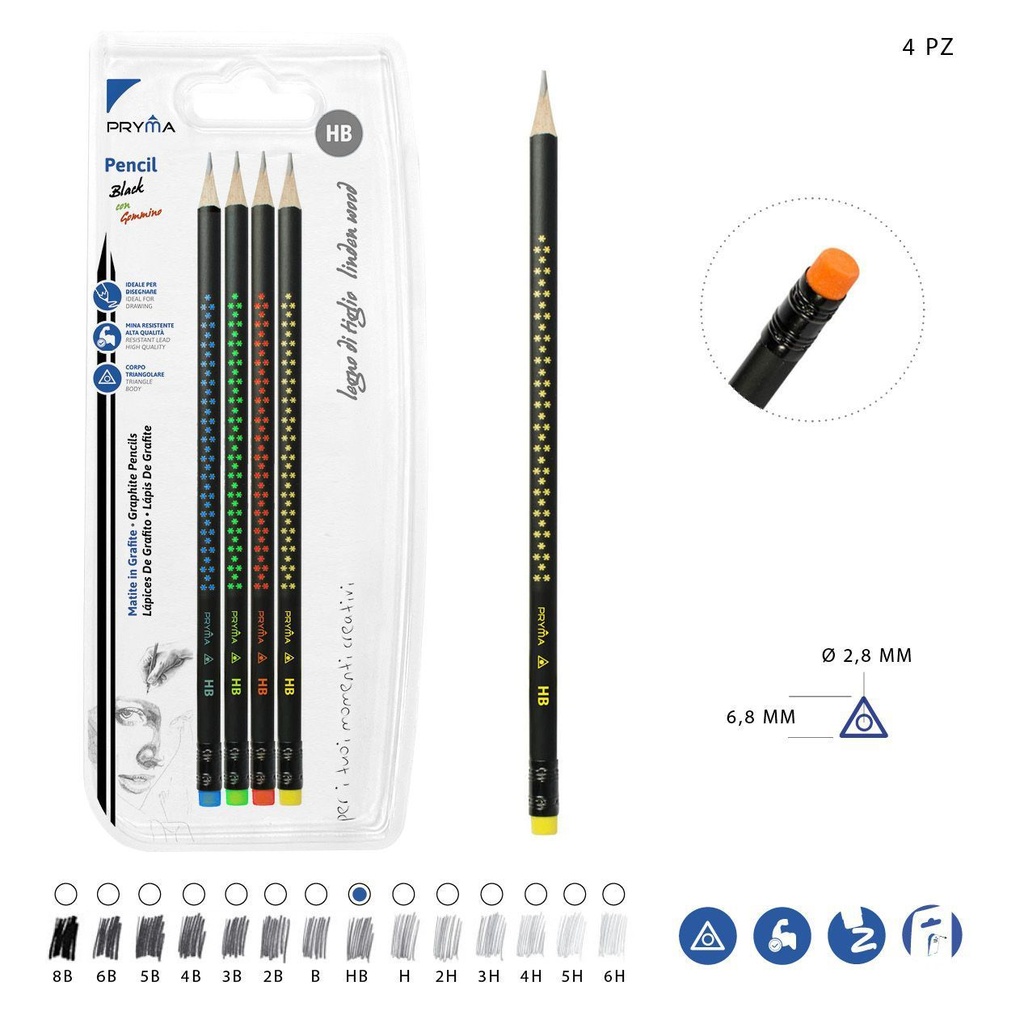 Lápiz de grafito HB con goma de borrar 4pz negro - Artículos de papelería