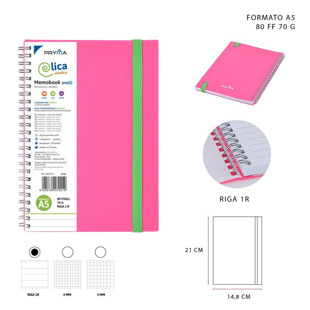 Libreta con anillas A5 80 hojas 70g 1r fucsia fluorescente