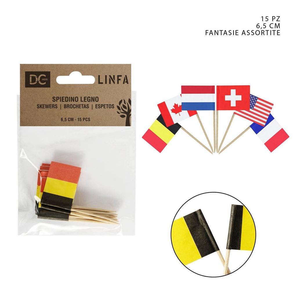 Brochetas de bambú 6.5cm 15pz con mini bandera para cocina y eventos