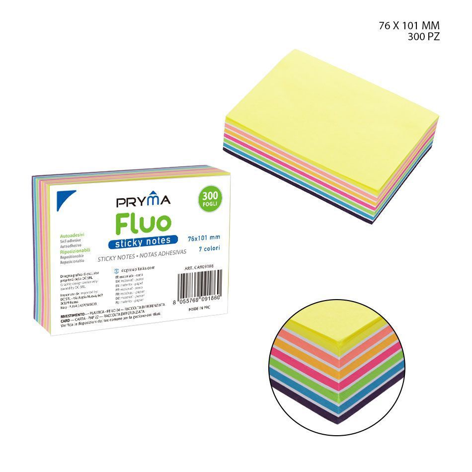 Nota adhesiva fluorescente 76x101mm 300 hojas para oficina