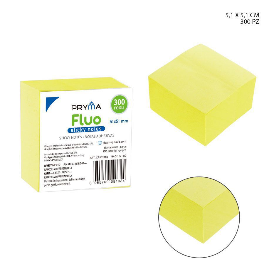 Nota adhesiva 51x51mm 300 hojas amarillo fluorescente para oficina