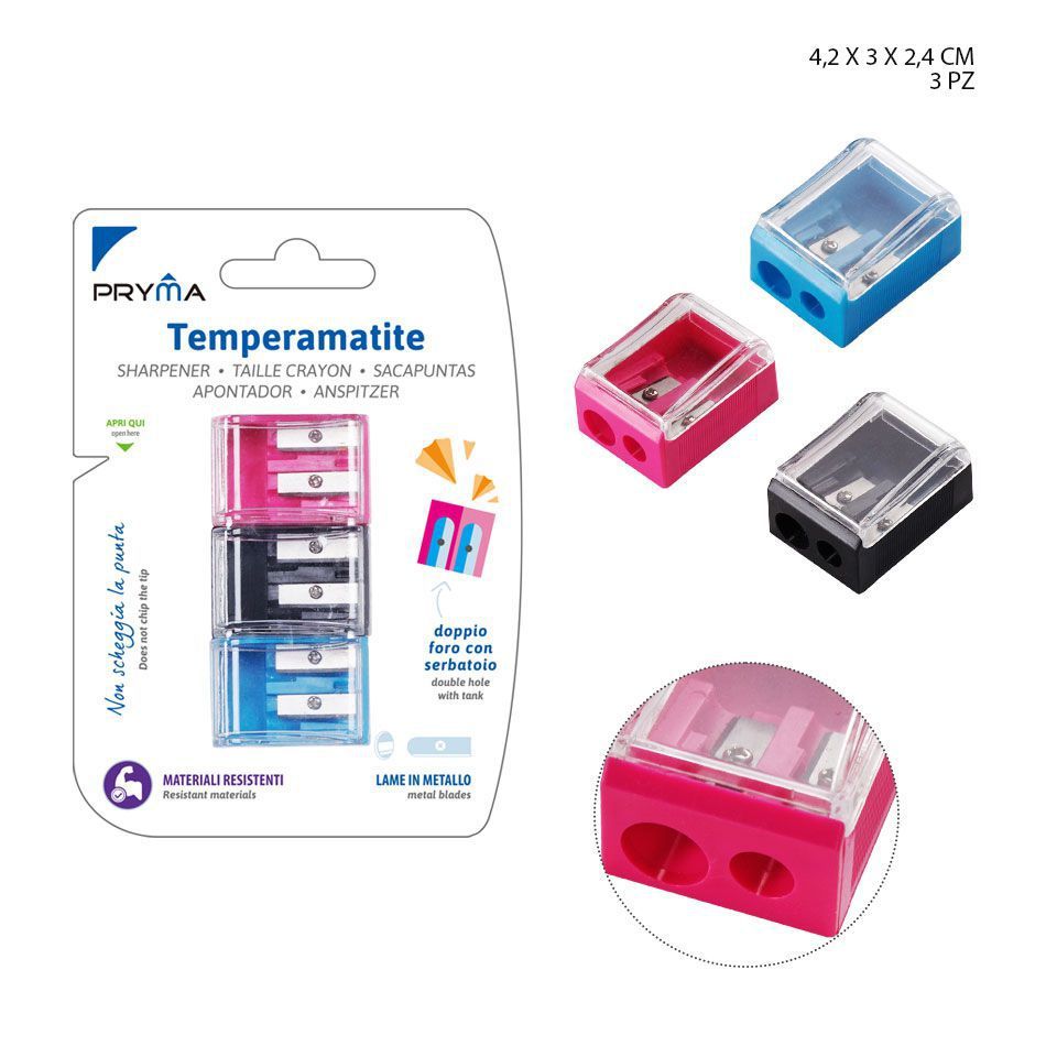 Sacapuntas doble agujero 42X30X24MM 3PZ - Utensilios de papelería