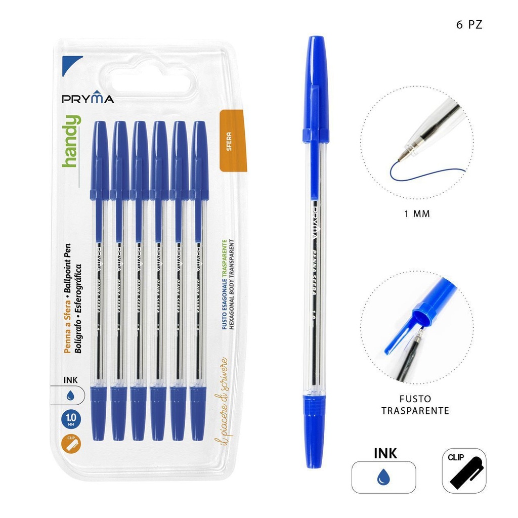 Bolígrafo con Tapa 1mm 6pz Azul - Bolígrafo de tinta