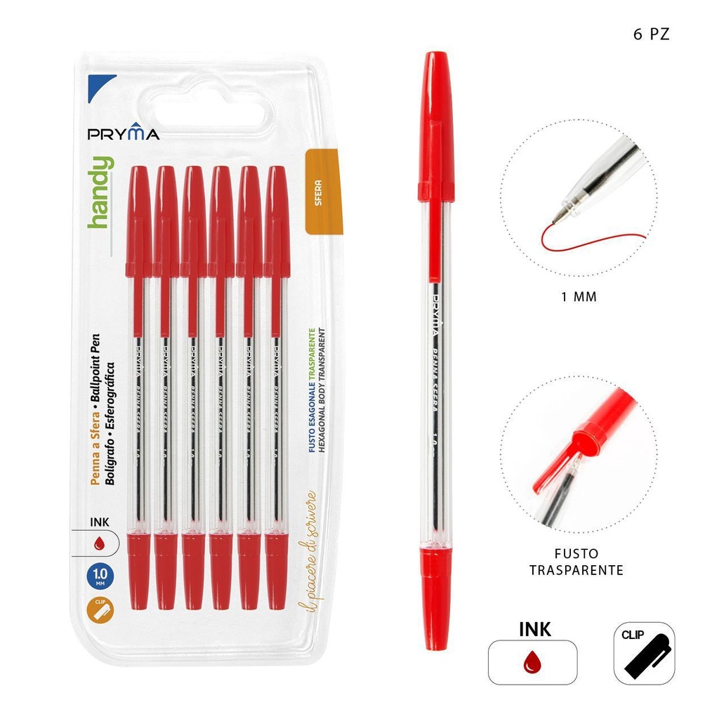 Bolígrafo con Tapa 1mm 6pz Rojo - Bolígrafo de tinta