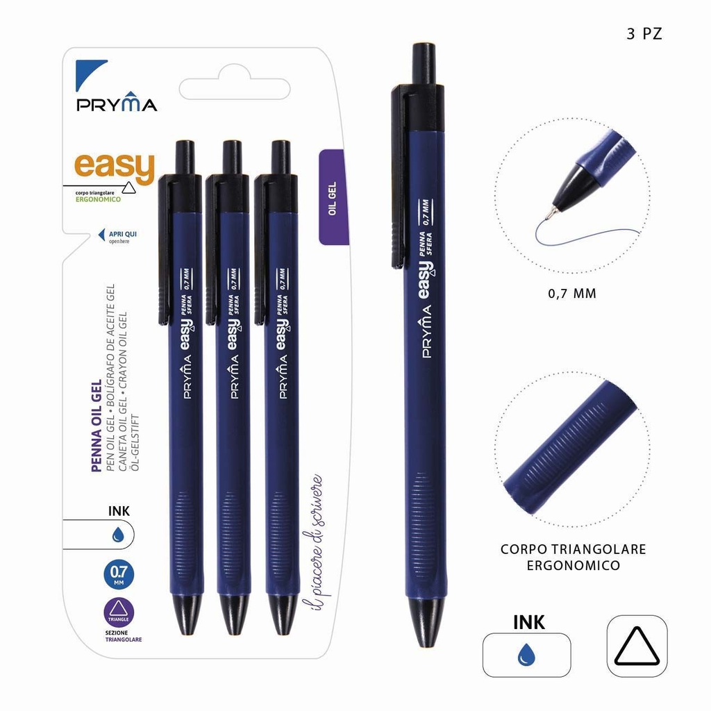 Bolígrafo de clic de gel triángulo 0.7mm 3pz azul