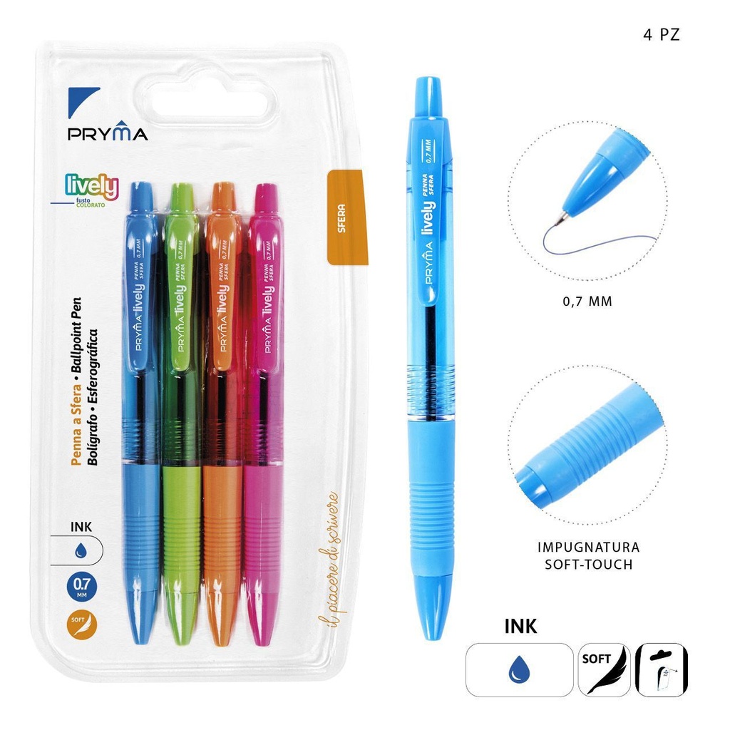 Bolígrafo de clic con tinta suave 0.7mm azul, pack de 4 unidades