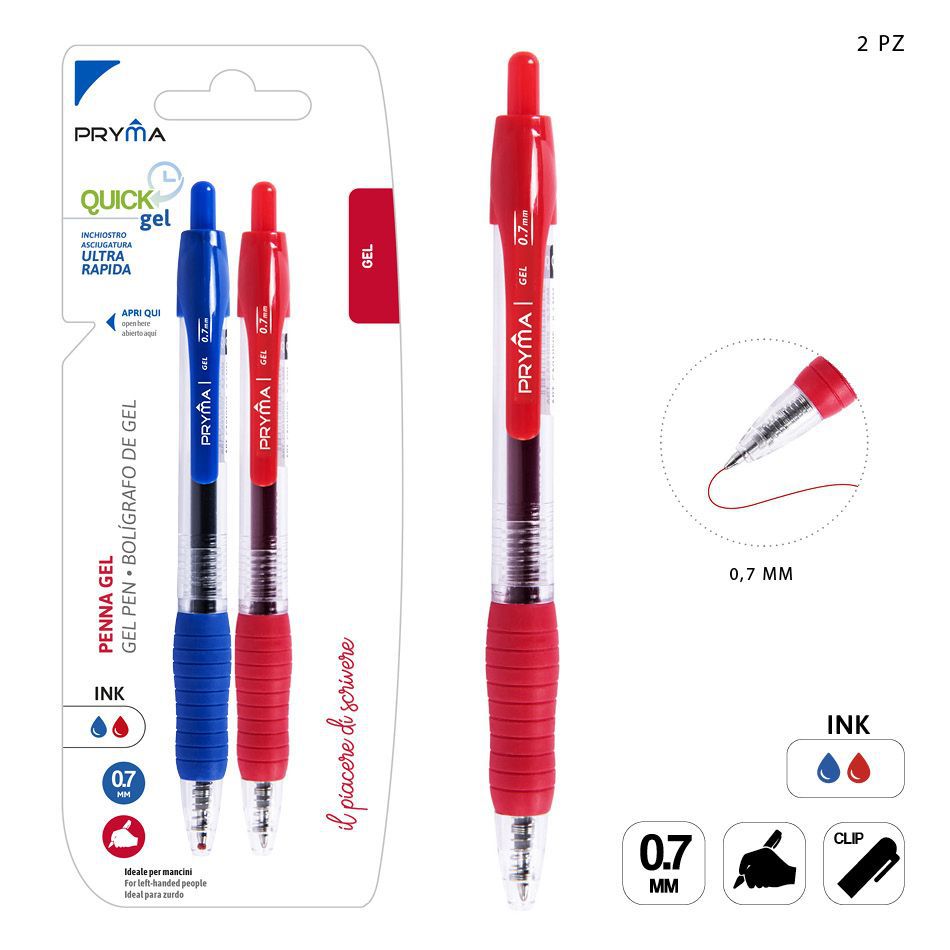 Bolígrafo clic gel secado rápido 0.7mm 2pz azul/rojo