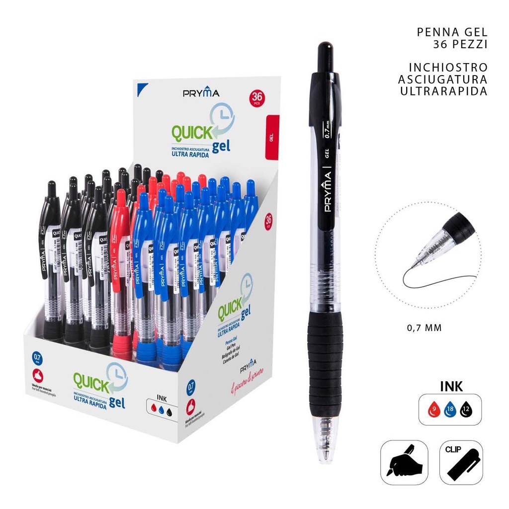 Bolígrafo clic gel de secado rápido 0.7mm negro/azul/rojo