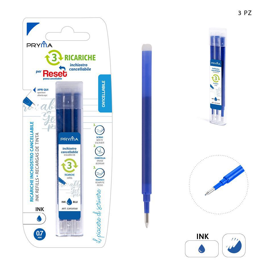 Recambio de bolígrafo borrable Reset 0.7mm 3pz azul para escritura