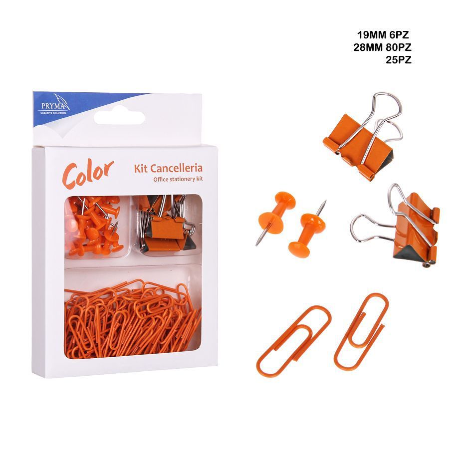 Kit de oficina: chinchetas 25pz + pinzas sujetapapeles 6pz + clips 80pz para escritorio