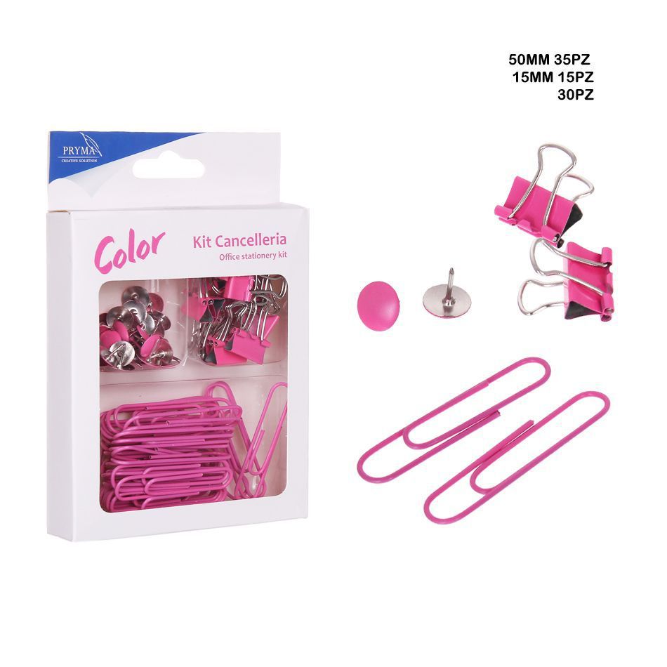 Kit de herramientas pequeñas: chinchetas 30pz, pinzas sujetapapeles 15pz y clips 35pz