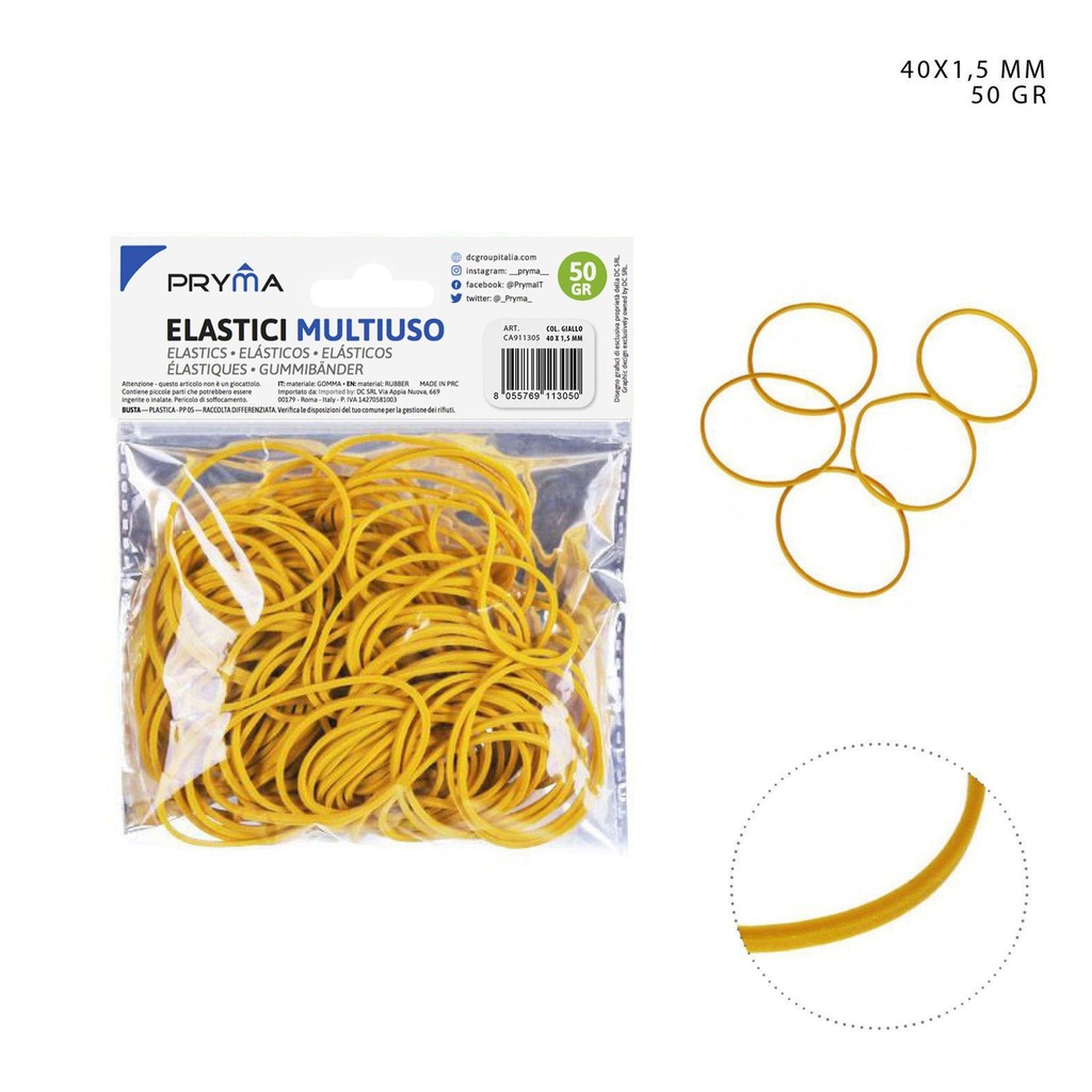 Goma elástica multiuso amarilla 40x1.5mm 50g para oficina y hogar