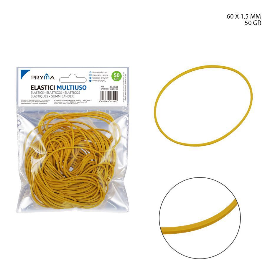 Goma elástica multiuso amarilla 60x1.5mm 50g para material escolar