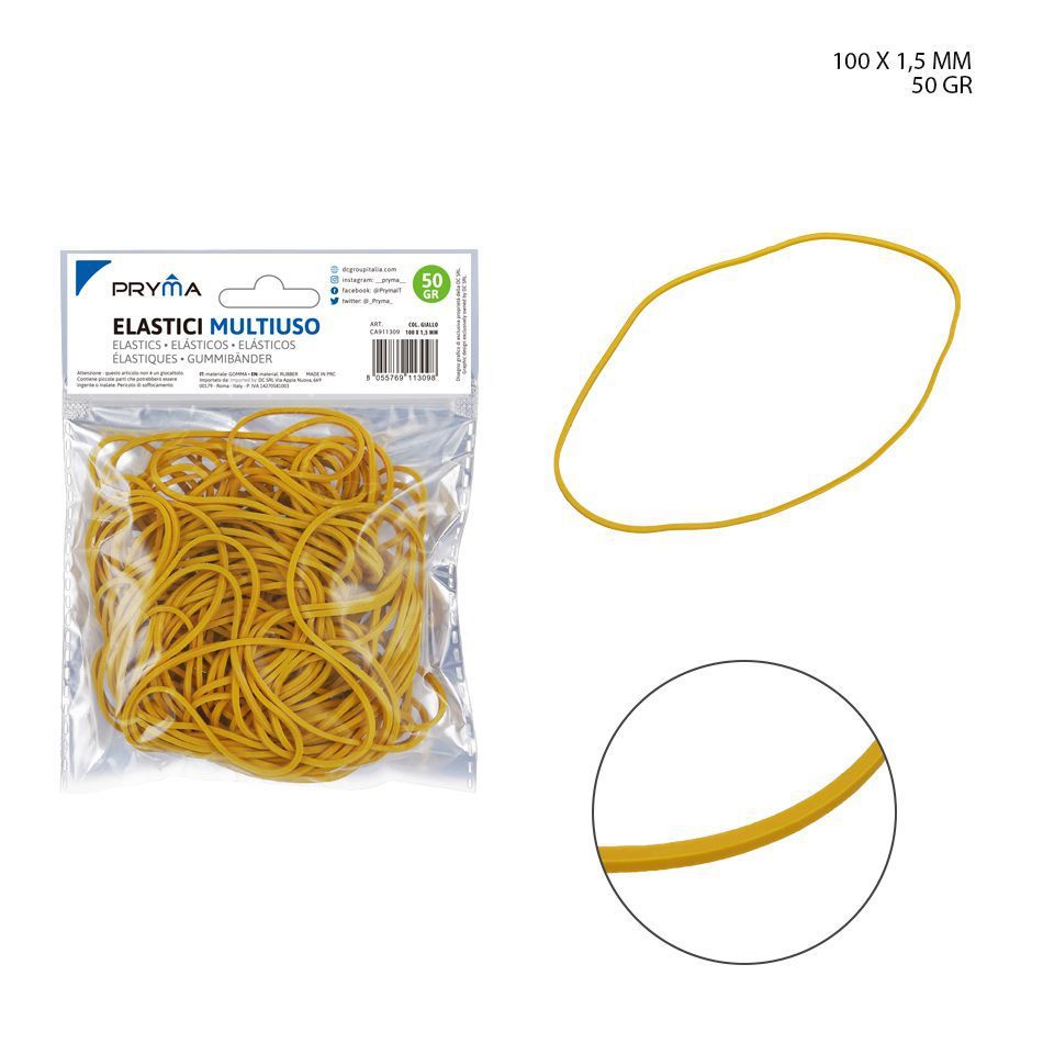 Goma elástica multiuso amarilla 100x1.5mm 50g para oficina y papelería