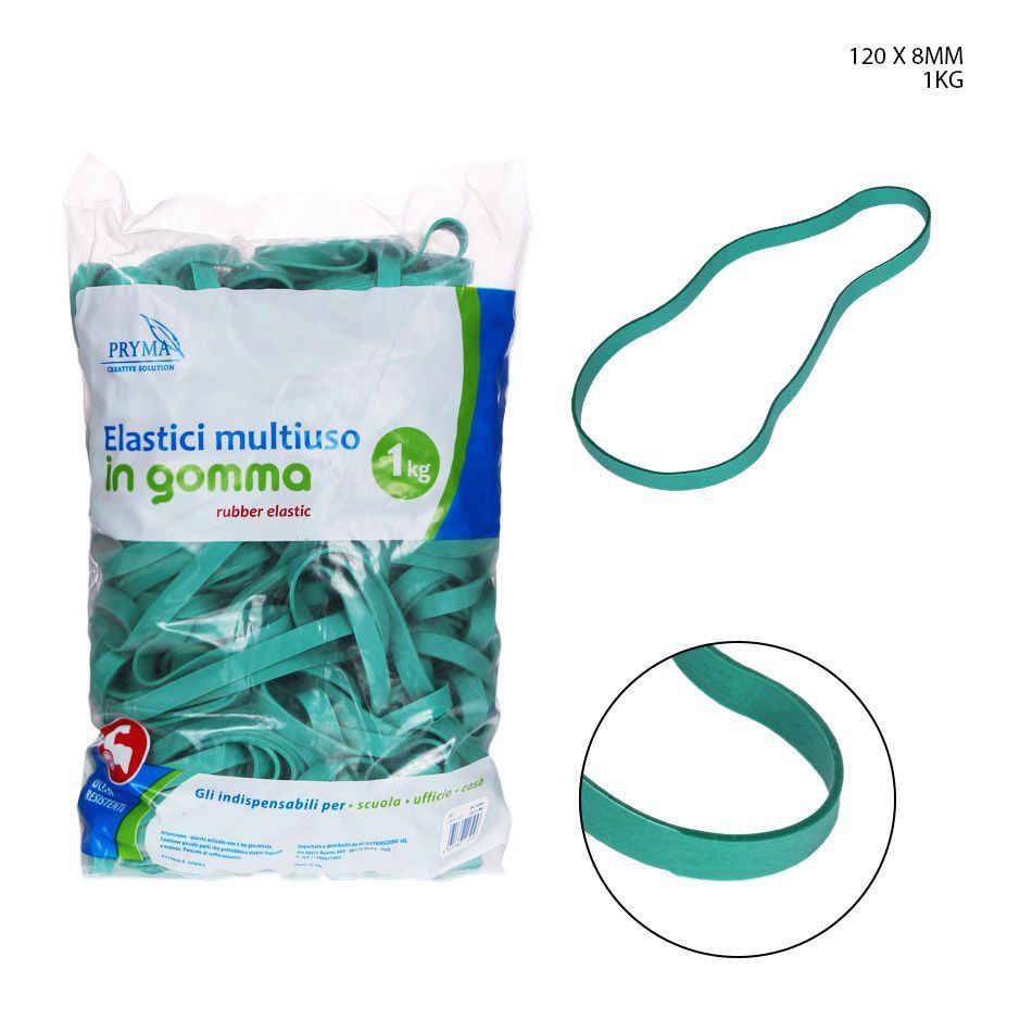 Goma elástica multiuso verde 120x8mm 1kg para oficina y manualidades