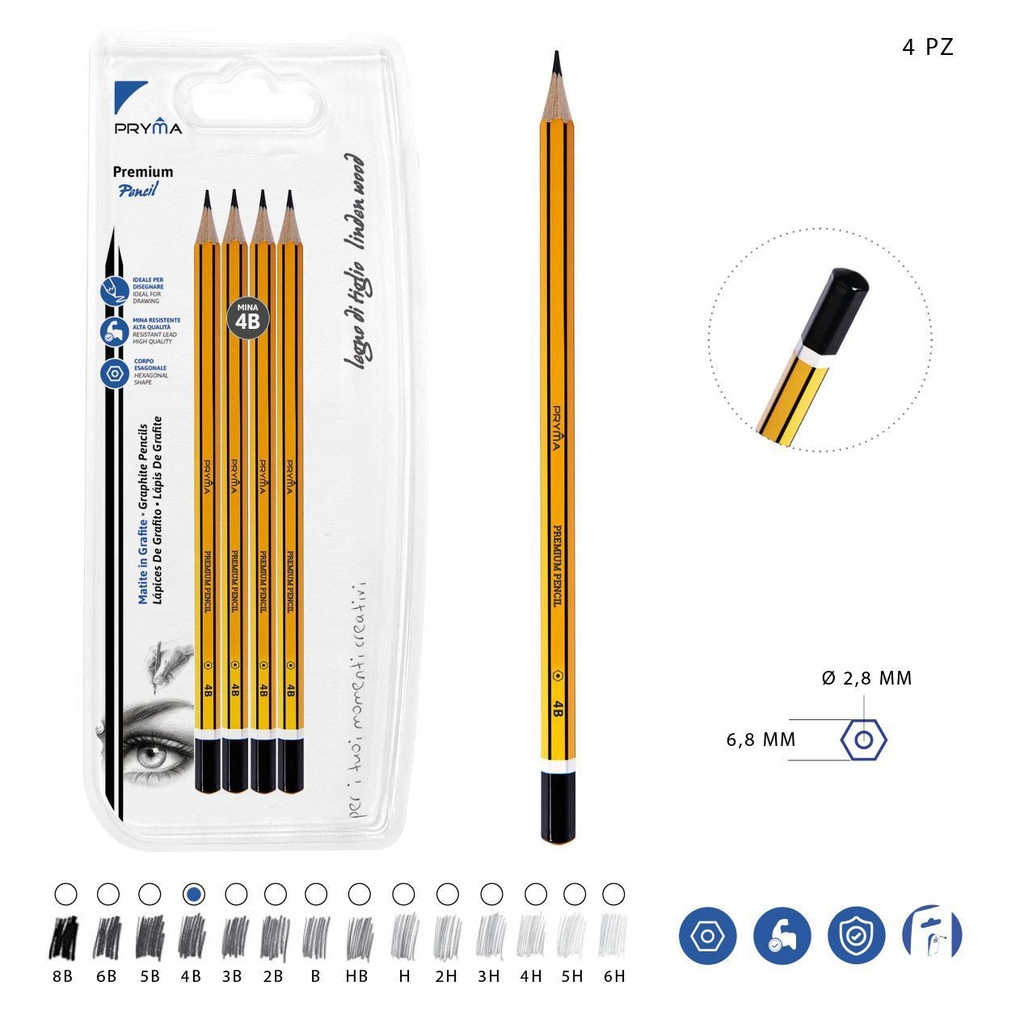 Lápiz de grafito premium 4B 4pz para dibujo y escritura