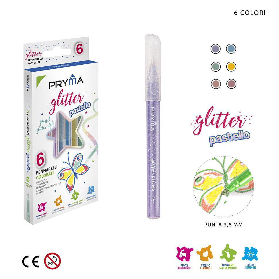 Rotulador con purpurina color pastel 6pz - Artículos de arte