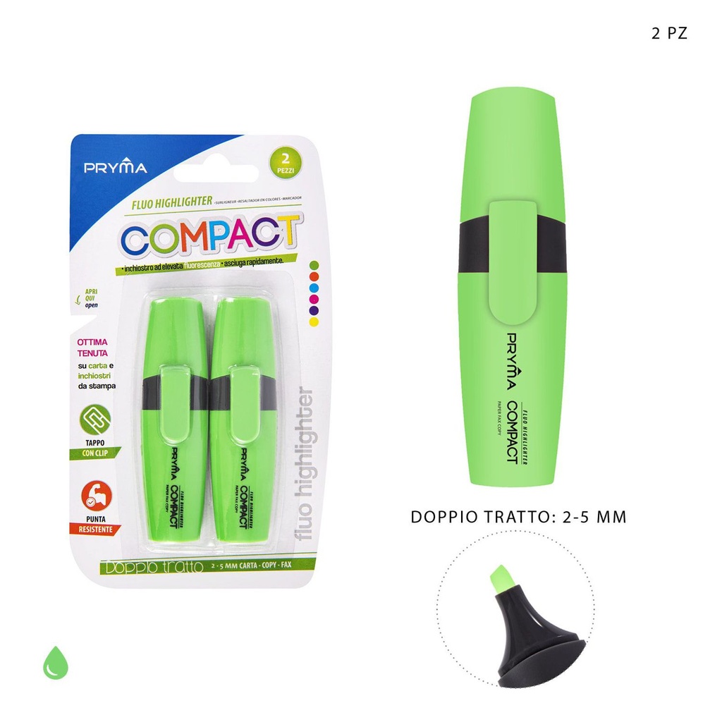 Subrayador compacto verde fluorescente 2/5mm 2pcs para escritura