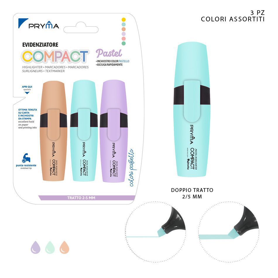 Subrayador compact cabeza plana 2/5mm 3pz pastel para estudio y oficina