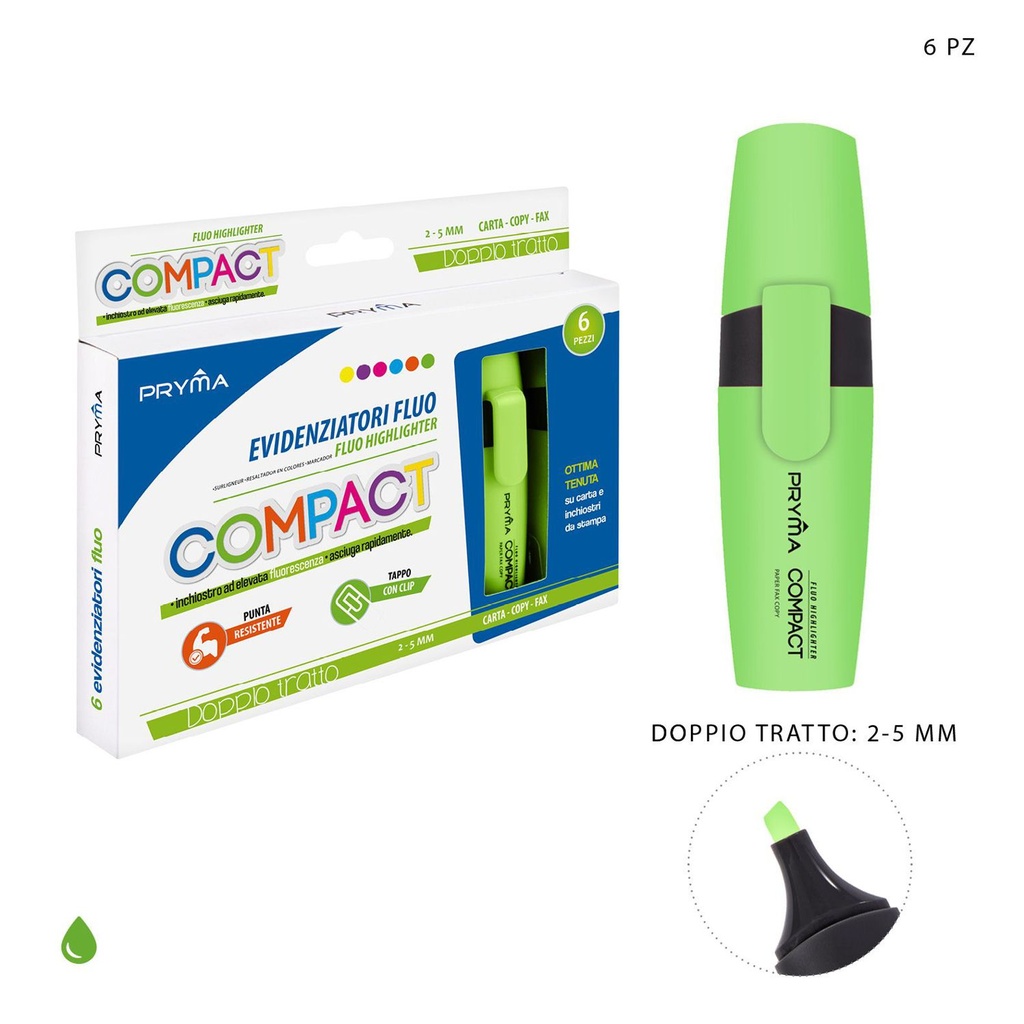 Subrayador compacto verde fluorescente 2/5mm para escritura