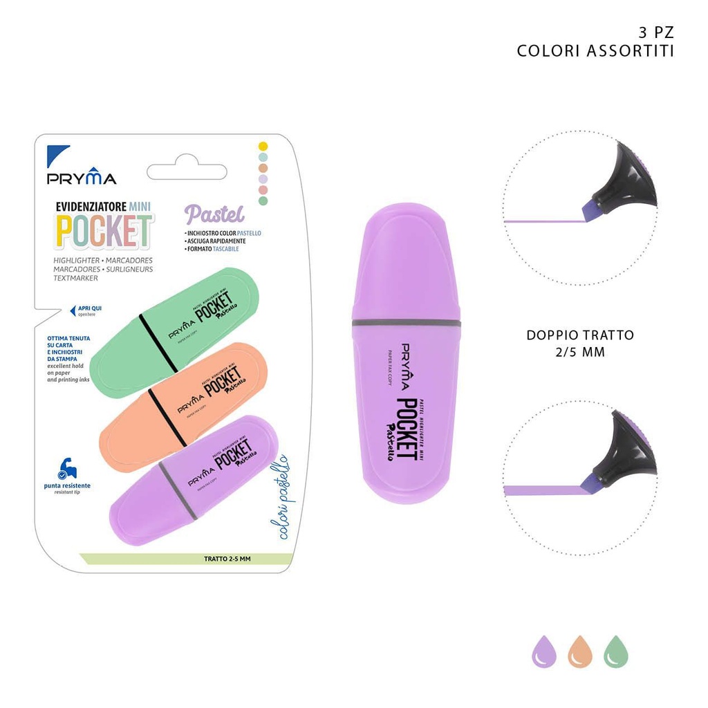 Mini pocket subrayador cabeza plana 2/5mm 3pz en colores maracuyá