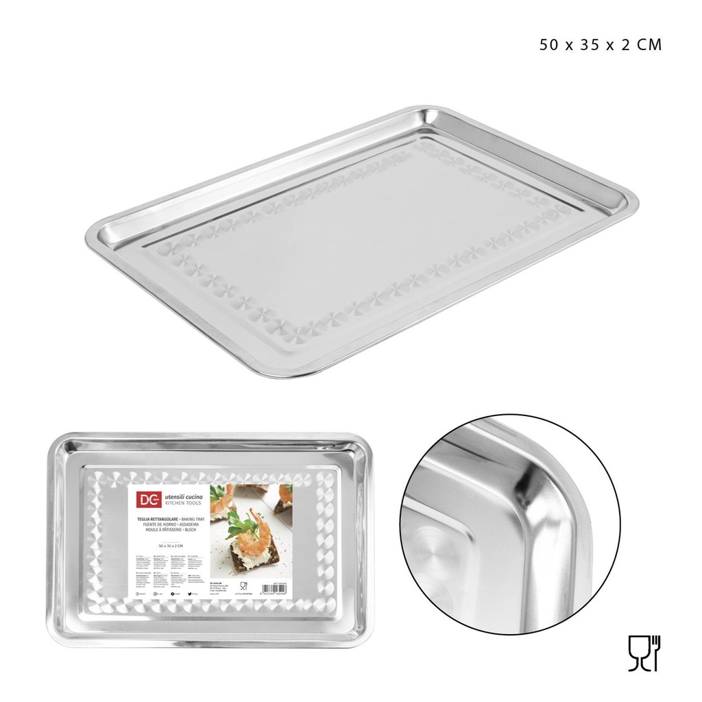 Bandeja rectangular de acero inoxidable 50x35x2cm para servir alimentos