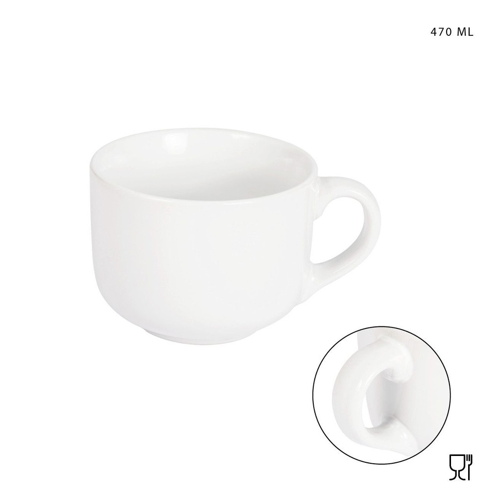 Taza de desayuno blanca de cerámica 470ml con asa