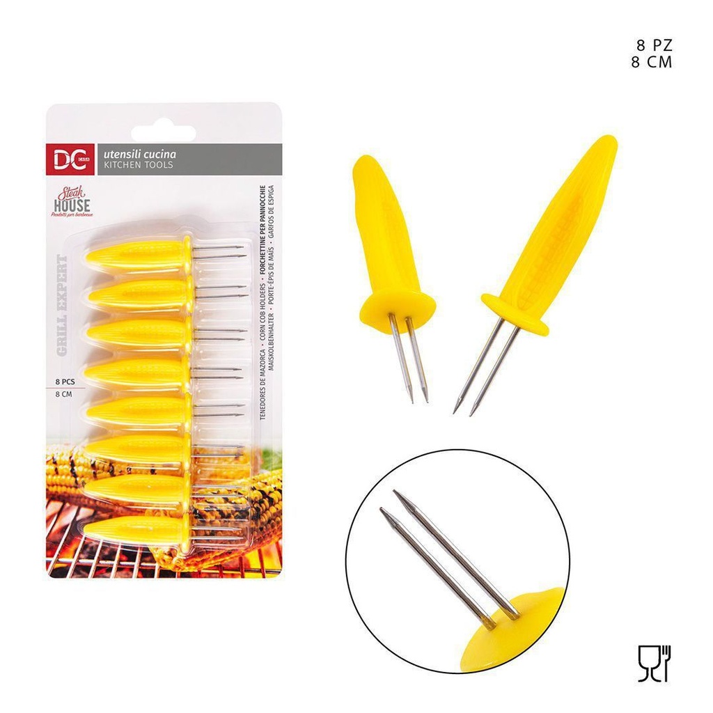 Tenedor de maíz de acero 8 cm 8PZ - Accesorios para barbacoa y utensilios