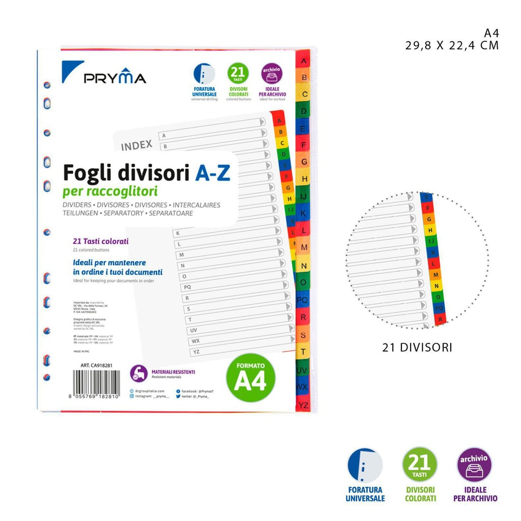 Separadores de índice de colores A-Z 29.8x22.4cm para organización de documentos
