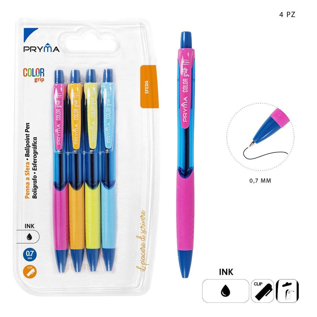 Bolígrafo clic con agarre de color 0.7mm 4 piezas negras - Material de escritura