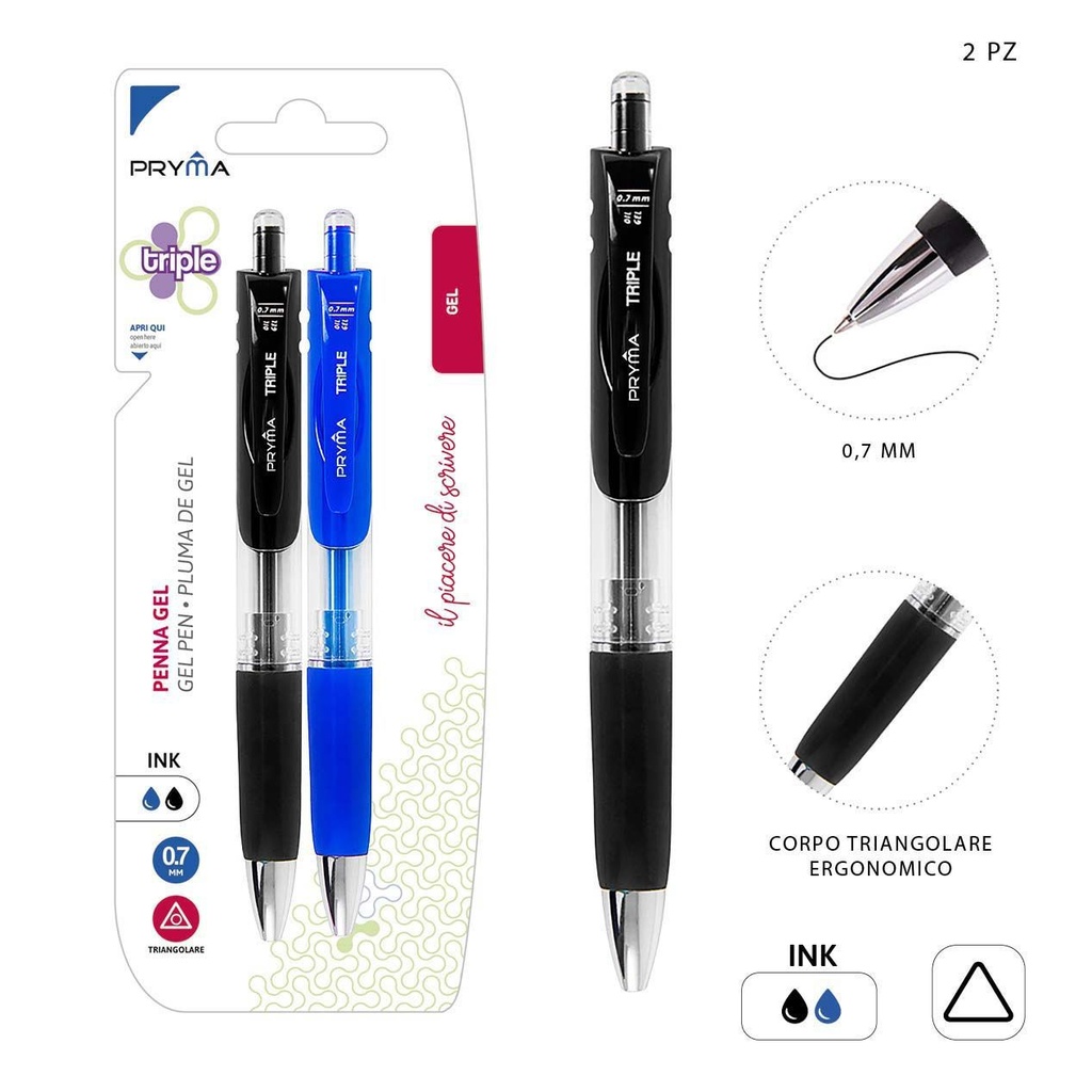 Bolígrafo clic gel triangular 0.7mm 2pz negro-azul para escritura