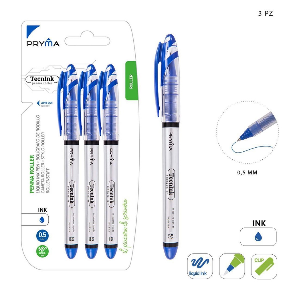 Bolígrafos con tapa 0.5mm 3pz azul para escritura