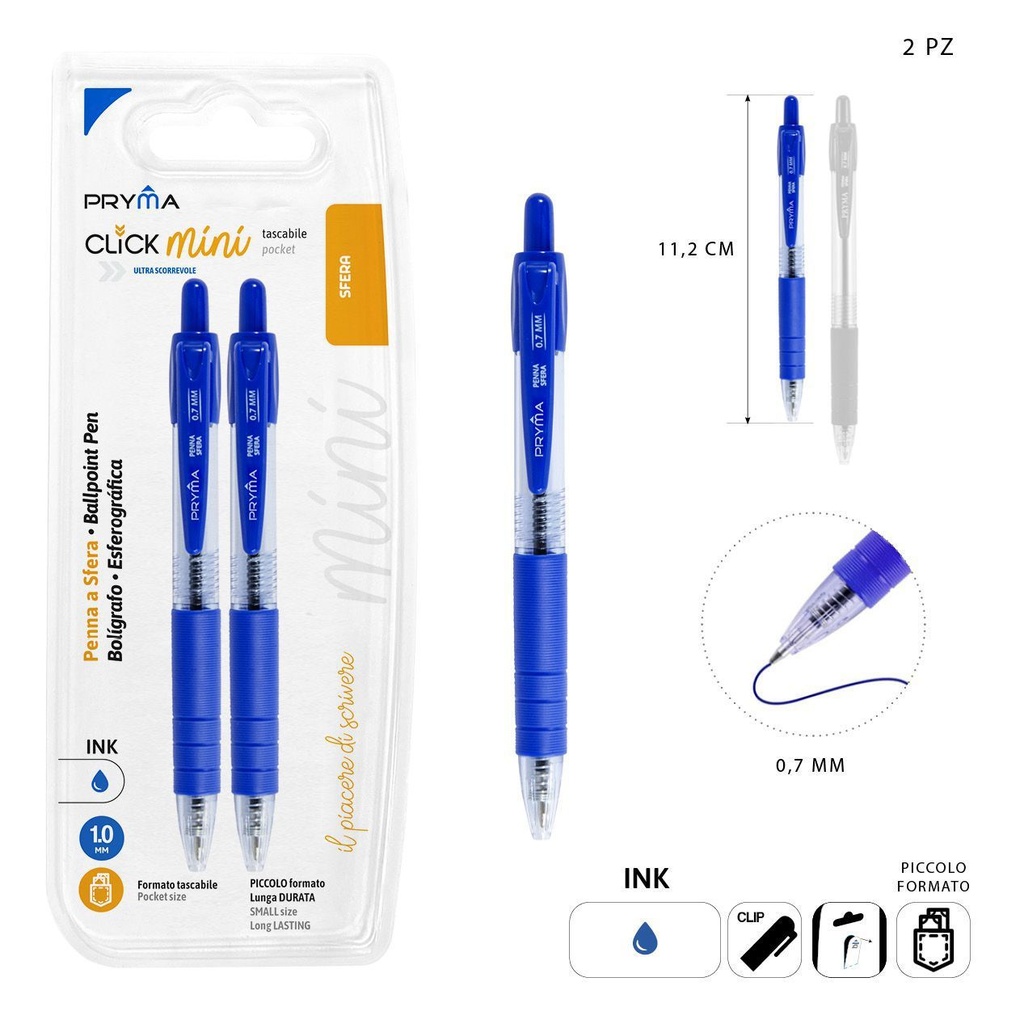 Bolígrafo de clic mini 0.7mm 2pcs azul