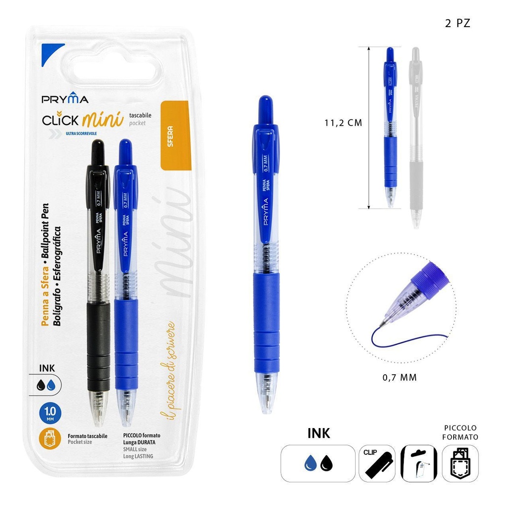 Bolígrafo de clic mini 0.7mm 2pz negro/azul