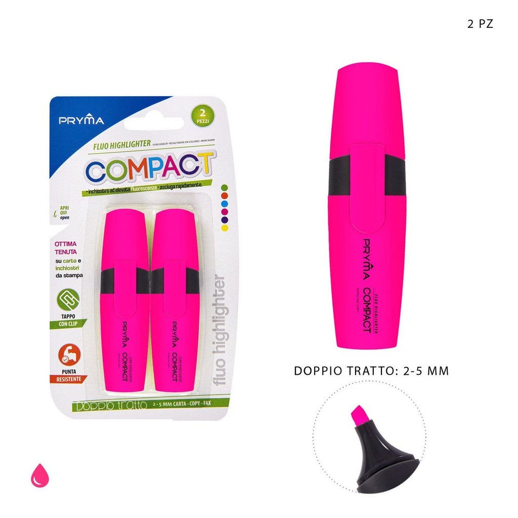 Subrayador compacto rosa punta plana 2/5mm 2pz