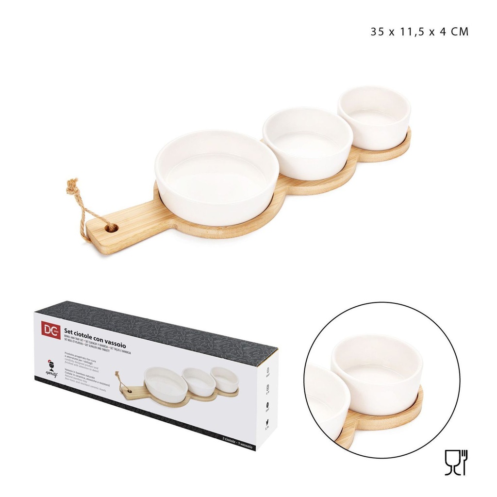 Set de 3 cuencos de cerámica con bandeja 35x11.5x4cm para servir