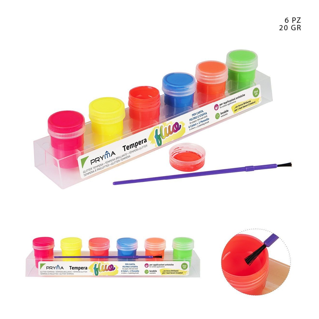 Tempera fluorescente lavable 20ml 6pz para manualidades y arte infantil