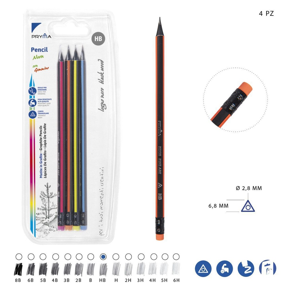 Lápiz de grafito HB 4 piezas color neón - Herramientas de escritura