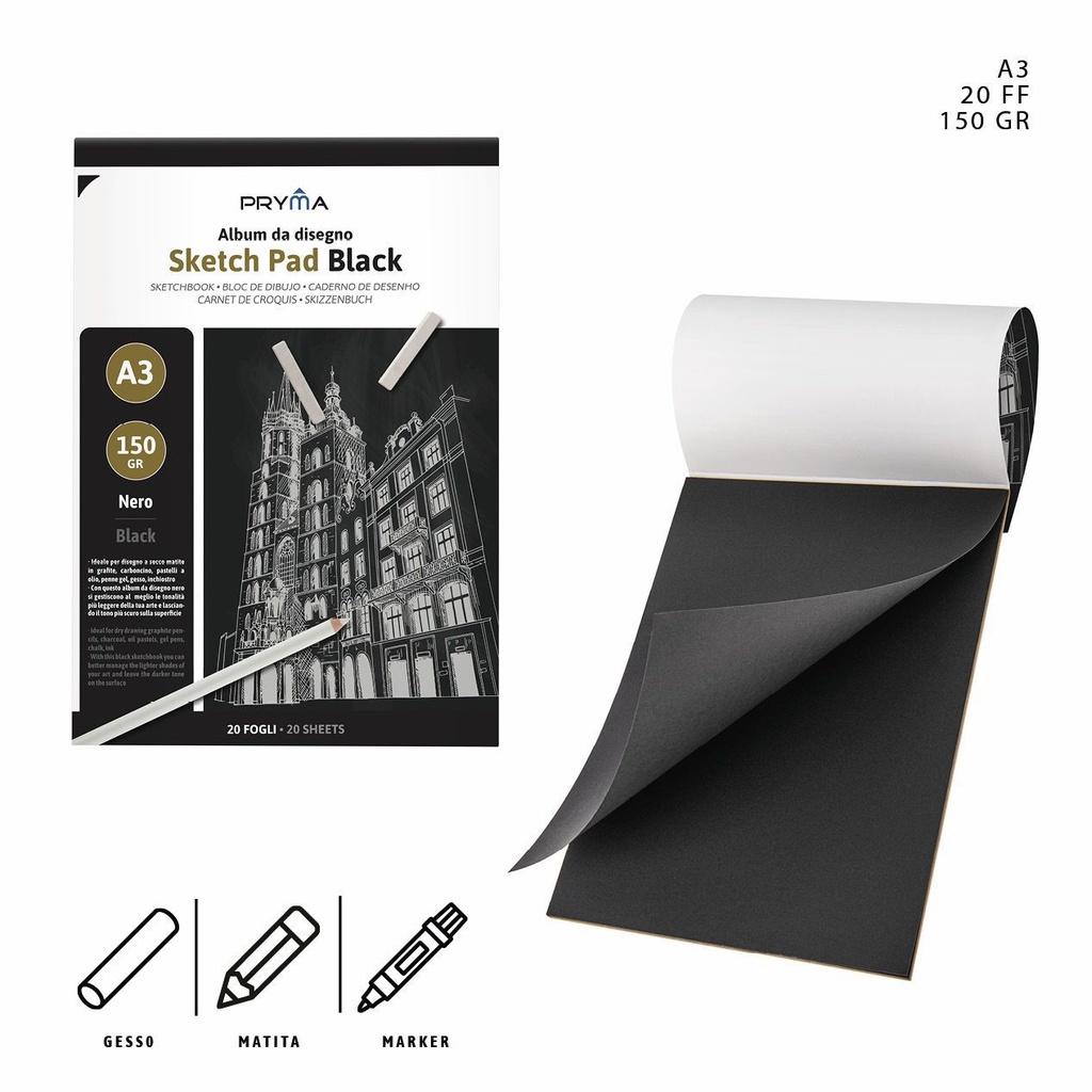 Cuaderno de bocetos negro A3 20 páginas 150g para dibujo